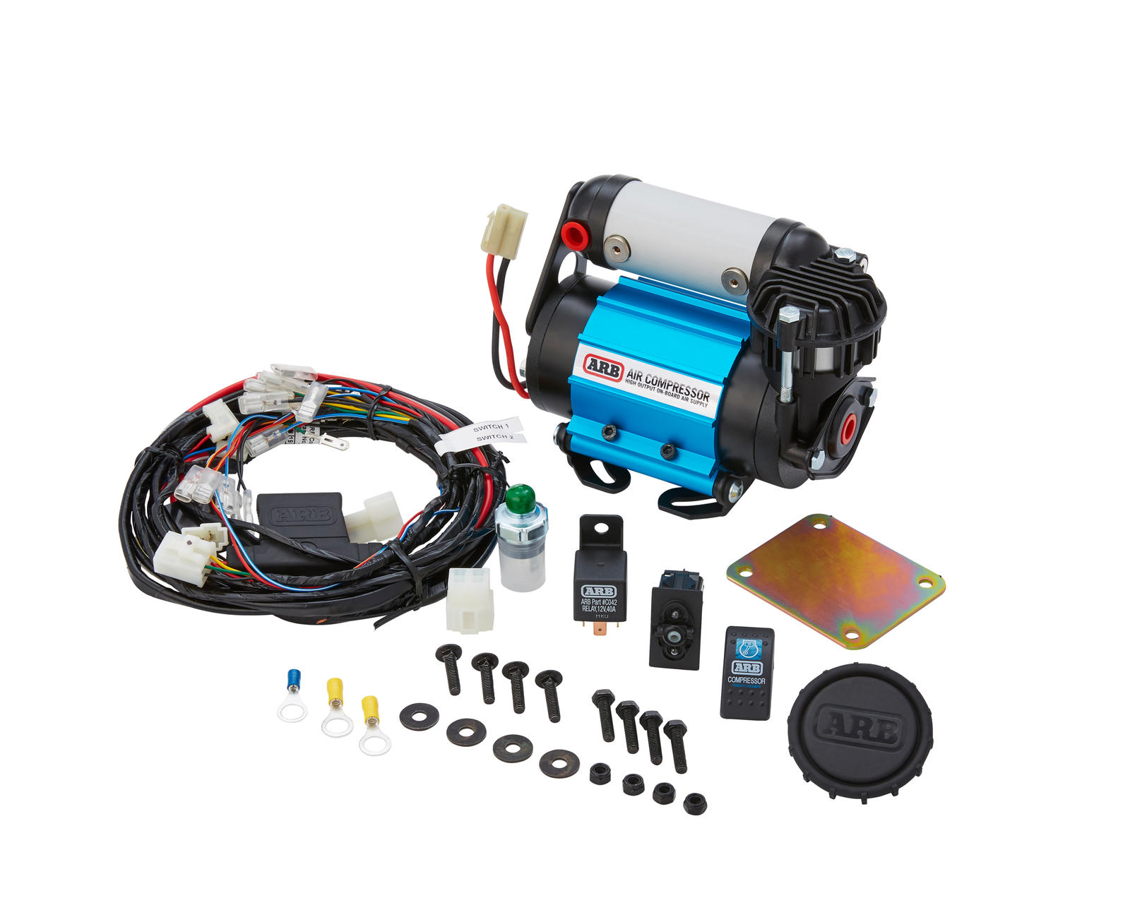 Permanently mounted on-board air compressor in a four-wheel-drive vehicle