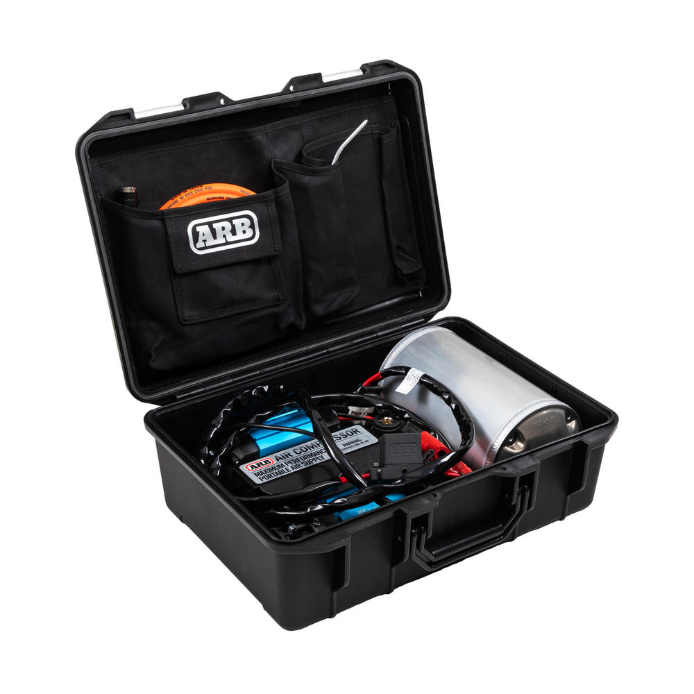 Portable 12-volt tyre compressor in a protective case