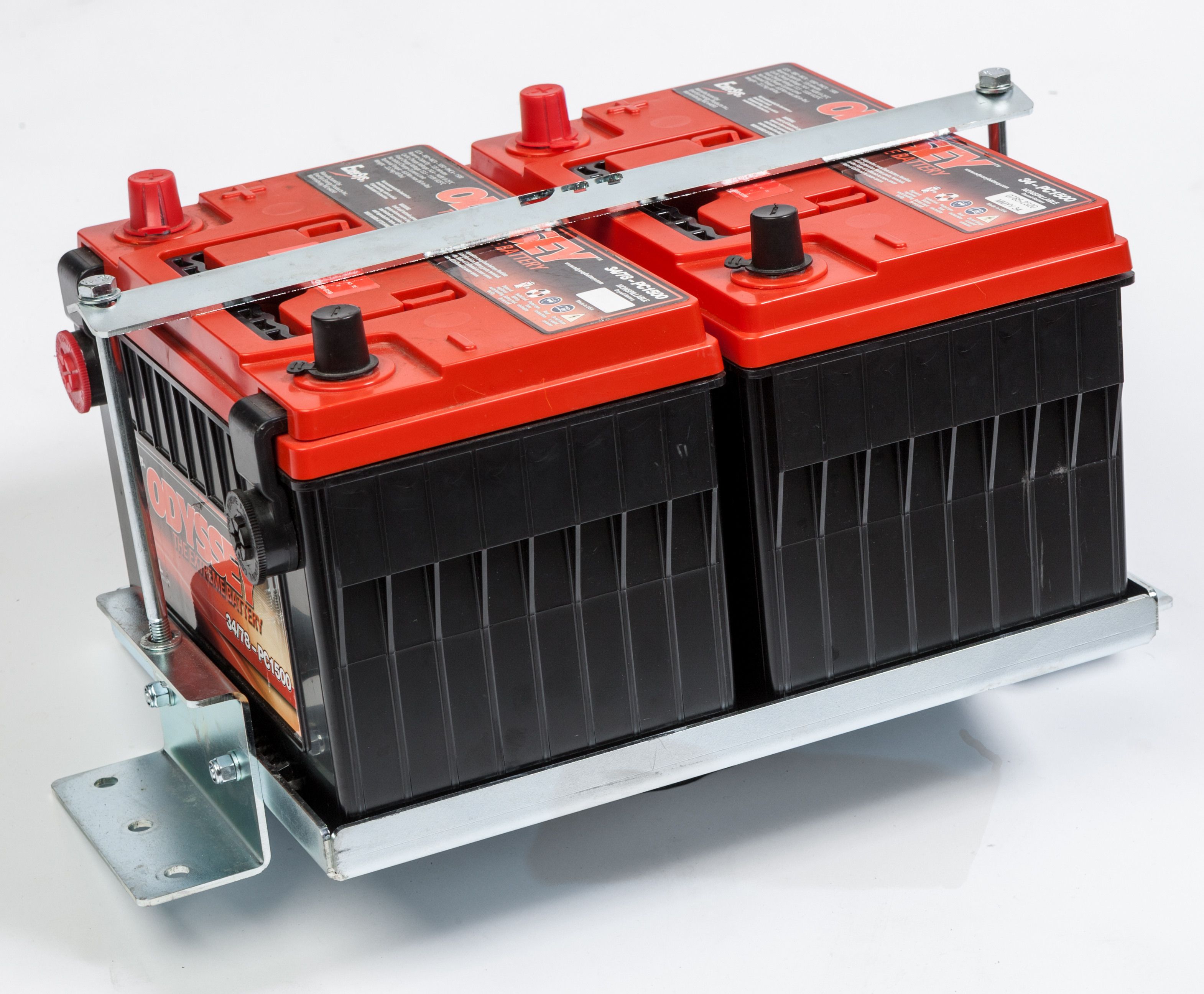 Vehicle-specific steel auxiliary battery tray installed securely in a four-wheel-drive