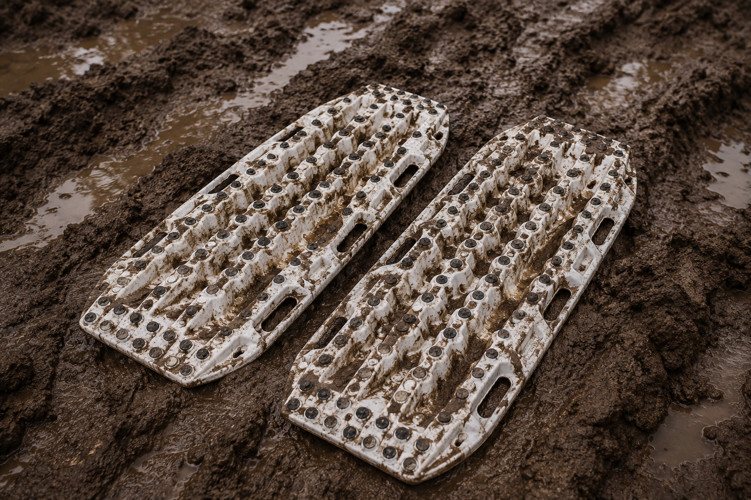 Off-road recovery board positioned beneath a tyre in deep mud