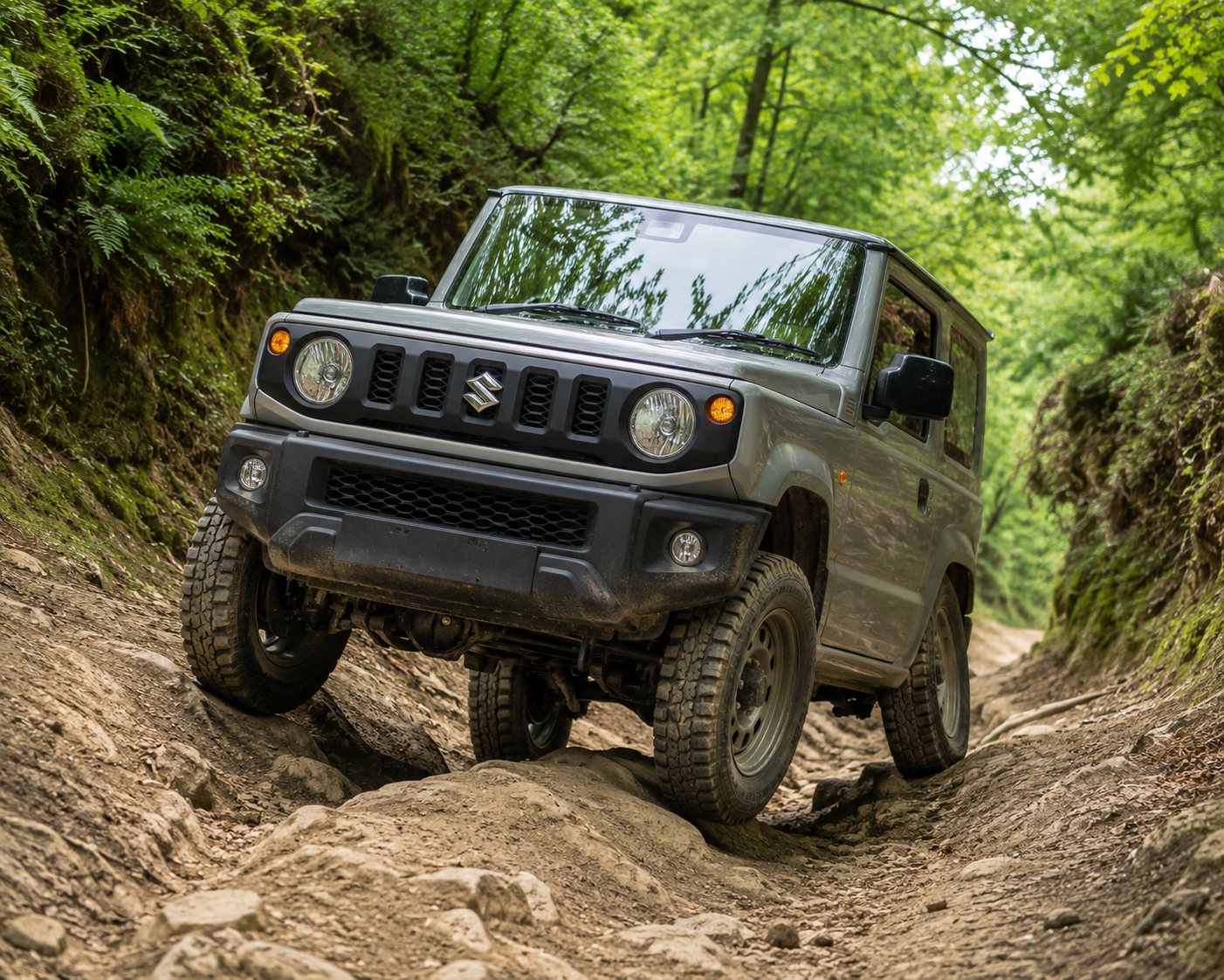 Four-wheel-drive vehicle travelling along an off-road trail