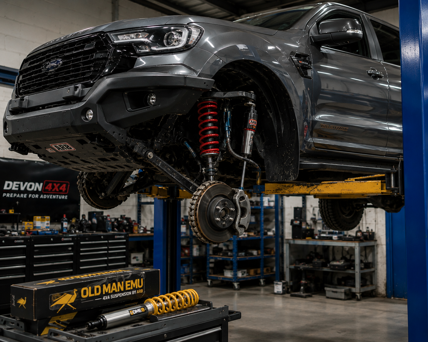 Technician installing suspension components in a workshop