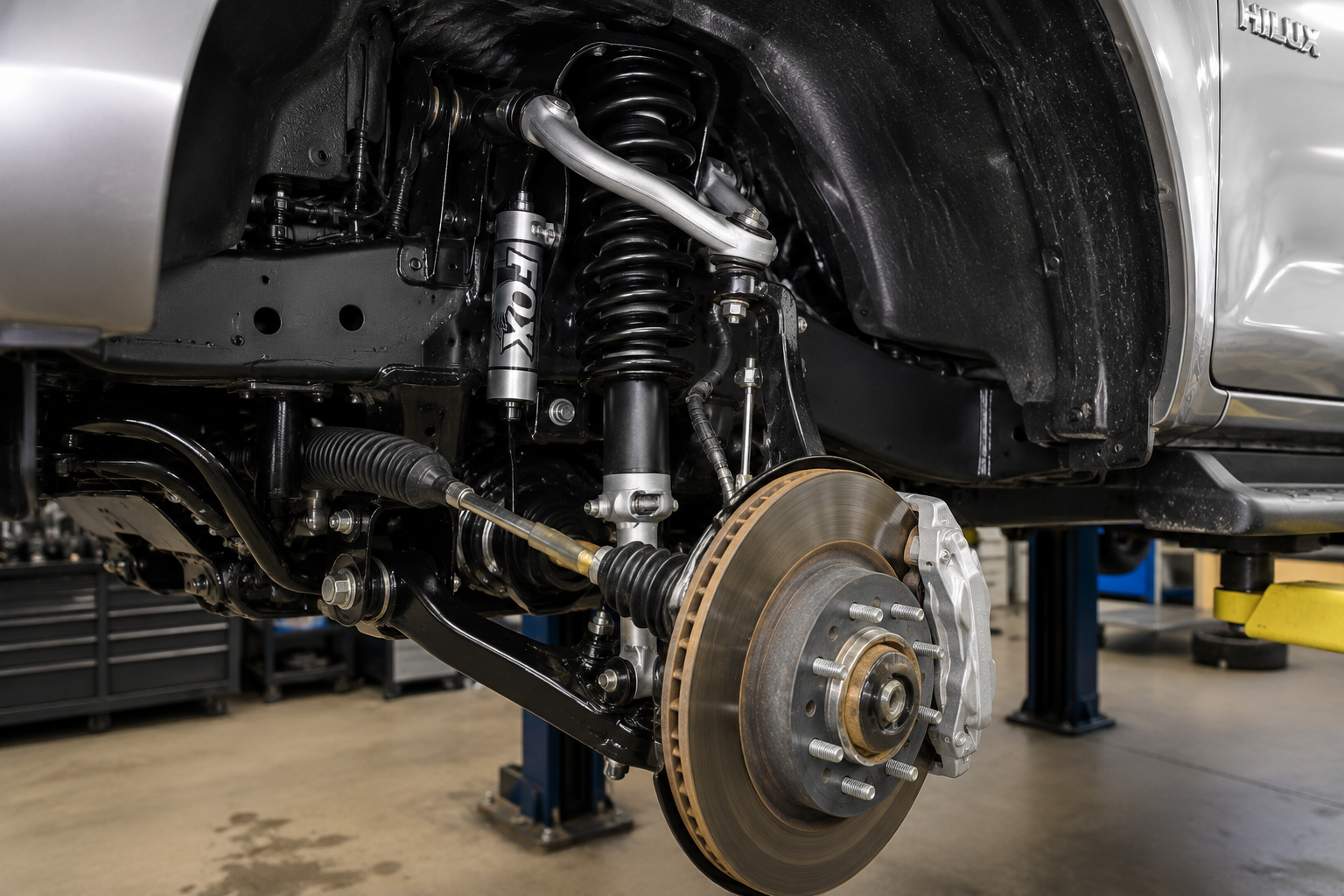 Four-wheel-drive suspension working over uneven terrain